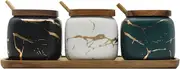 KIDYBELL Ceramic Spice Jars Set - Porcelain Condiment Pots for Salt, Sugar, Pepper - Marble Seasoning Box 3pcs Kitchen Jar Set (Color Mixing)