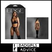 EDGE Quilted Bra & Crotchless Panty Mesh Wetlook- Black S/M 6-10 Au