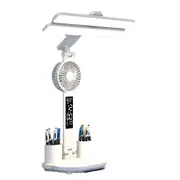 LED Desk Lamp with Fan, Foldable Table Lamp with Clock Date Pen Holder Reading Light for Study Home Office