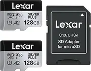 Lexar Silver Plus 128GB 2-Pack Micro SD Card up to 205 MB/s, MicroSDXC UHS-I Memory Card with Adapter, C10, U3, A2, V30, Full HD, 4K UHD, High Speed TF Card for Drone, Action Camera, Handheld Consoles