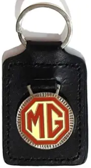 M.G. Keyring Key Ring, cream and brown badge mounted on a leather fob