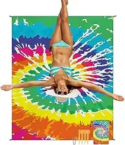 Travel Picnic Blanket | 86.61x70.87 Inches Waterproof Beach Towel,Lightweight Camping Pad with 4 Corner Pockets and 4 Pegs Windproof Floor Rug for RV Travel
