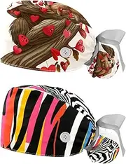 [YTYVAGT] 2-Pc,Nurse Scrub Caps,Scrub Hats with Buttons and Cotton Sweatband,Welcome Animal Love and Tree