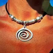 Bohemian Silver Circle Pendant Necklace with Leather Cord | Handmade Gift for He