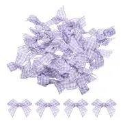 30Pcs Mini Gingham Ribbon Bow 1.5" Checkered Fabric Satin Light Purple and White