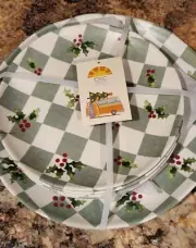 C & C California Green Checkered Christmas Holly Melamine Plates Set of 8