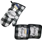 3pc Set: 2 Same Pot Holders, 1 Oven Mitt, BLESSED ON BLACK & WHITE CHECKERED, GR