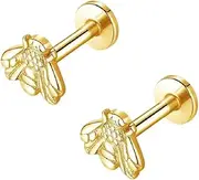 [Generic] Honeybee Cartilage Stud Earrings Stainless Steel Tiny Bee Flat Back Screw Lip Tongue Piercing Barbell Labret Studs Cute Jewelry for Women Men Unisex Hypoallergenic