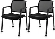 [Giantex] Waiting Room Chairs Set of 2, Stackable Office Guest Mesh Chairs with Armrests and Wheels, Versatile Conference Room Chairs for Office, School, Lobby, Black