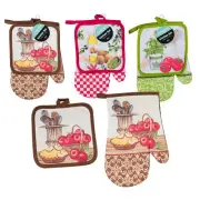 Simple Home 2pc Kitchen Set Potholder & Oven Mitt Set Olive Tomate Apple Blossom