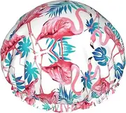 Flamingo Bird Green Plant Leaf Print Various Activities Shower Cap Reusable Soft And Lightweight Bath Hair Cap Long Hair