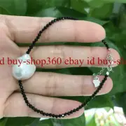 Fashion 3mm Faceted Black Spinel & Baroque White Pearl Bracelet 7.5''