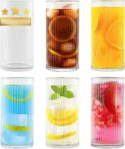 Ribbed Glassware Set of 6 Vintage Drinking Glasses with Straws 12.5oz Clear