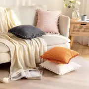 Boho Decorative Pillow Covers with Pom-poms 16x16 Pillow Covers Corduroy Cushion