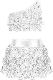 [Sxiwei] Kids Girls Hip Hop Jazz Latin Dance Costume One Shoulder Shiny Sequin Tiered Crop Top with Skirt