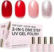 NAILOG Gel Nail Polish Set - 4 Colors Top Coat Color Gel Base 3-In-1 Soak Off UV Gel Polish Kit for Home DIY & Birthday Gifts for Women, Red Crush