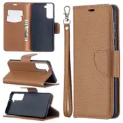 For Samsung Galaxy S21 Case Lychee Texture Folio PU Leather Wallet Cover, Kickstand, Lanyard, Brown