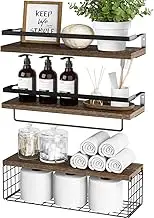 DelSol Bathroom Shelves, 3pcs Set Floating Shelves with Storage Basket, Over Toilet Paper Holder Storage Shelves, Wall Mounted Rustic Wood Shelves for Bathroom, Bedroom, Living Room