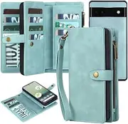 Yidai-Silu Google Pixel 6A Flip Case【Wallet,Detachable 】 Magnetic Closure Zipper Case Pockets Wrist Strap Card Holder Kickstand Slots Folio Cover for Google Pixel 6A 6,1” - Blue