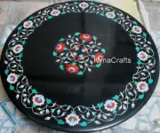 Patio Table Inlaid with Floral Art Black Marble Dining Table Top for Restaurant