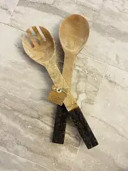 Mud Pie Wood Serving Set Salad Servers Bark Wood Handle 2019