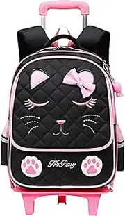 [MITOWERMI] Girls Rolling Backpack Trolley School Bags Cat Face Print Travel Wheeled Carry-on Kids' Luggage