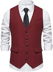 [SWJGLITTR] Men's Business Formal Suit Vest Solid Color Wedding Suits Tuxedo Lightweight Slim Fit Waistcoat, Red, Medium