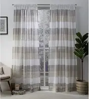 Exclusive Home Curtains Bern Stripe Sheer Window Curtain Panel Pair with Rod Pocket, 54x84, Natural, 2 Piece