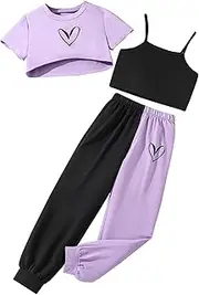 [Hilinker] Girl's Graphic 3 Piece Outfits Cami Tops High Low Hem Short Sleeve T Shirt Sweatpants Sets