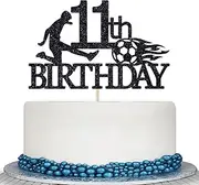 Colorfulparty Black Glitter Happy 11th Birthday Cake Topper - Soccer Ball Cake Topper for 11 Years Old - Cheers To 11 Years, Football Themed Party Decorations