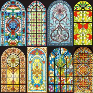 蒂凡尼歐式教堂玻璃貼膜馬蹄蓮不透明彩繪衣柜陽臺玻璃窗環保貼紙