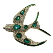 Gold & Green Rhinestone Encrusted Bird Brooch Pin Classic Style