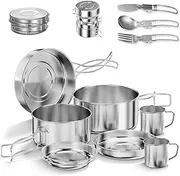 Gyorwst Camping Cookware Set Silver Portable Outdoor Tableware Set Foldable and Stackable Pot Set