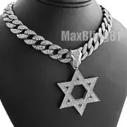 Silver Plated Alloy Cubic Zirconia Star of David Charm Iced Cuban Chain Necklace