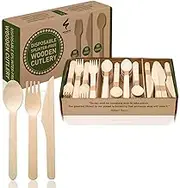 Weemium Disposable Wooden Cutlery Set - 300 Count (100 Forks, 100 Knives, 100 Spoons) – Plastic-free Packaging - Biodegradable Silverware and Splinter-free Compostable Utensils for Parties