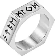 [Cupimatch] Men's Viking Rings Geometric Hexagonal Ring: Size 67 Nordic Runes Viking Rings Stainless Steel Riding Ring Amulet Jewellery, Non-precious metal