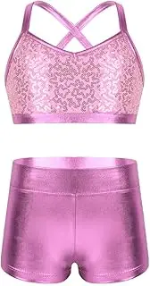 [iEFiEL] Kids Girls Shiny Sequins Crop Top with Shorts Metallic Gymnastic Leotard Sports Dance 2 Pieces Outfits