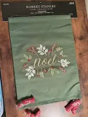 Robert Stanley Home Collection Green Table Runner Embroidery W/Tassels 72" x 13"
