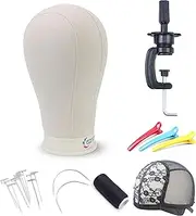 Eerya 21-24 Inch Canvas Block Head Set for Wig Display Making Hair Weave and Styling Mannequin Head with Mount Hole (Stand Styling Hair T Needle C Needles Thread Wig Caps with Canvas Head 21 Inch)