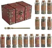 Vintage Wooden Box Herbal Set – 15 Bottles of Dried Herbs in Glass Jars with Wand | Ideal for Wicca Rituals, Spell Casting, Meditation, Candle Making, Aromatherapy, DIY Crafts (15 Bottles)