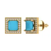 2.3 Princess Cut Round Cut Halo Blue Turquoise Stud Earrings 14k Yellow Gold