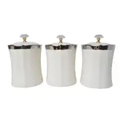 Set 3 Plain White & Silver Trim Ceramic Kitchen Canisters- Coffee Tea Sugar