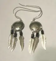 Black Onyx Beads Sterling Silver Earrings W/Cabochon and Feathers Hook Pierced