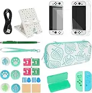 WOTOW 27 in 1 Accessory Kit for Nintendo Switch OLED with Animal Crossing Bag, Protective Crystal Cases for OLED, Tempered Films, Stand, Remote Sensing Caps, Game Card Case