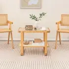 Costway 2-tier Bamboo Side Table with Glass Top and PE Rattan Shelf