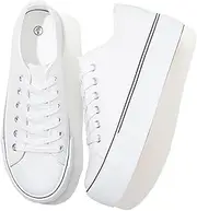 [Rominz] Women's White Platform Sneakers PU Leather Platform Shoes Classic Black Low Top Sneakers Casual Walking Shoes for Women