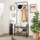 Greige & Bk Steel Freestanding Coat Stand with Removable Hooks Bench, Shoe Rack