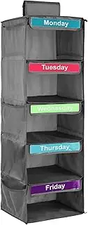 5-Shelf Weekly Clothes Organizer for Kids, Hanging Closet Organizer With Labels, Monday To Friday Days of the Week Organizer for Clothes Hats Bags Towels (Gray)