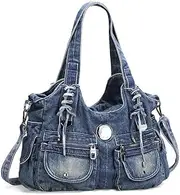 [Alice Fan] Women Denim Bag Hobo Bag Jean Bag Large Capacity Casual Multiple Pockets Shoulder Tote Bag