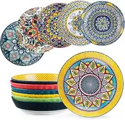 [HENXFEN LEAD] Pasta Salad Bowls Set of 6, Wide and Shallow Serving Bowls for Kitchen 32 Oz - 8 Inch Porcelain Soup Bowl, Pasta Plates Dishwasher & Microwave Safe - Bohemian style